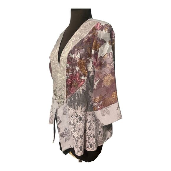 Y2K Satin Asian Floral Lace Kimono Jacket M Ethereal Fairy Romantic Pastel Boho - Picture 3 of 9